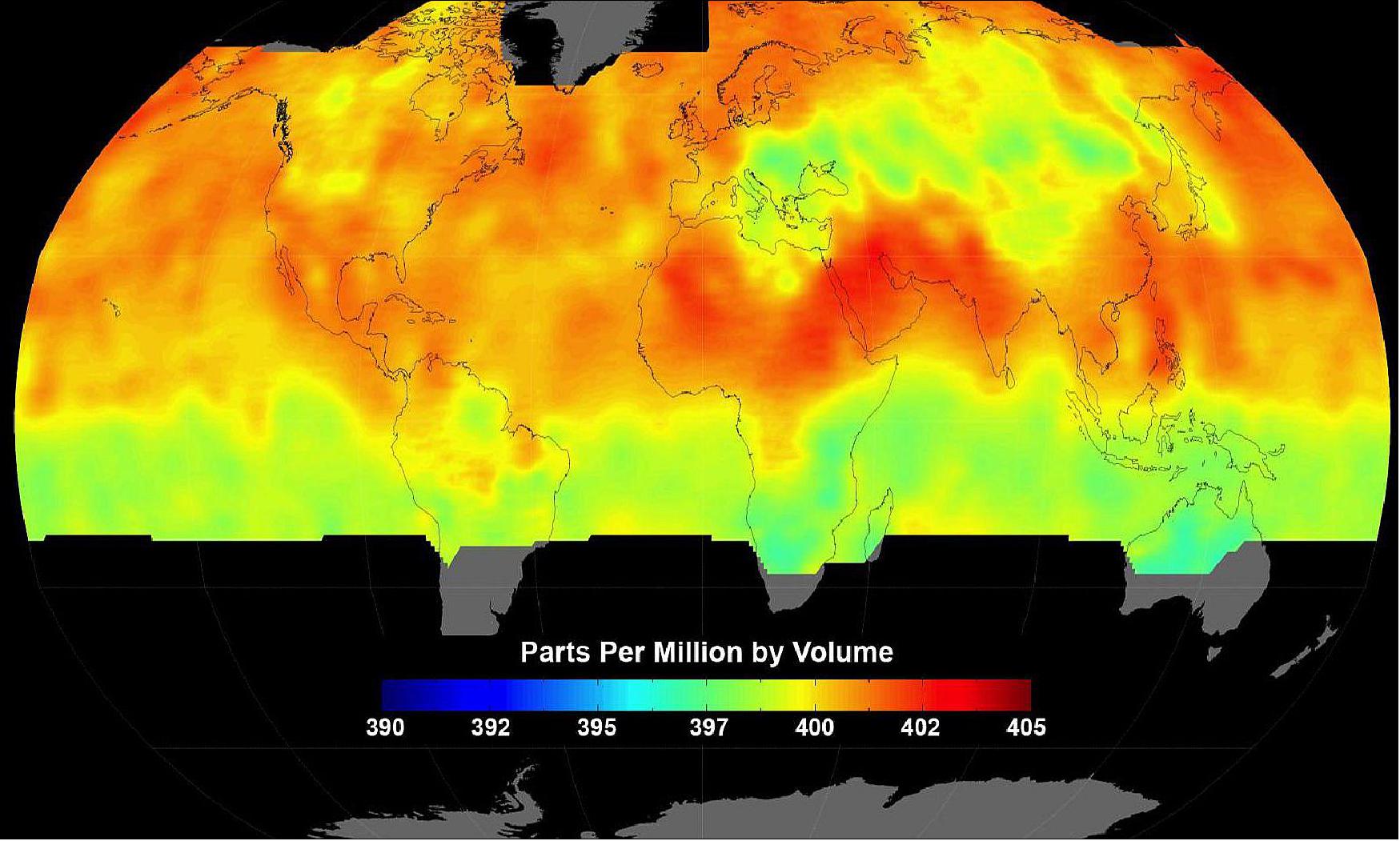 Figure 25: The UK Met Office forecasts 2016 will see annual CO2 concentrations breach 400 parts per million. To keep below global warming of 2ºC - the ‘safe' level - concentrations must be kept below 450ppm image credit: OCO-2 /NASA/JPL, Caltech)