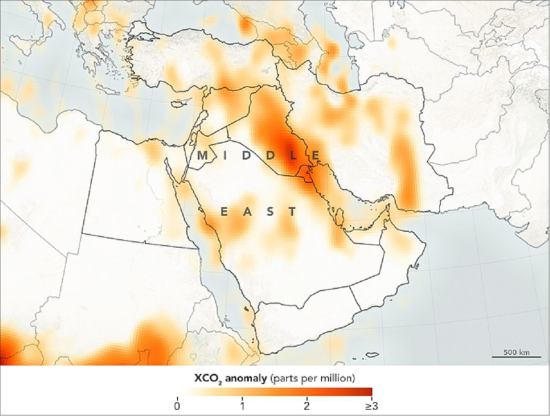 Figure 24: Illustration of OCO-2 CO2 concentrations in the Middle East measured in the period 2014-2016 (image credit: NASA Earth Observatory, maps by Joshua Stevens, using OCO-2 anomaly data of Ref. 44)