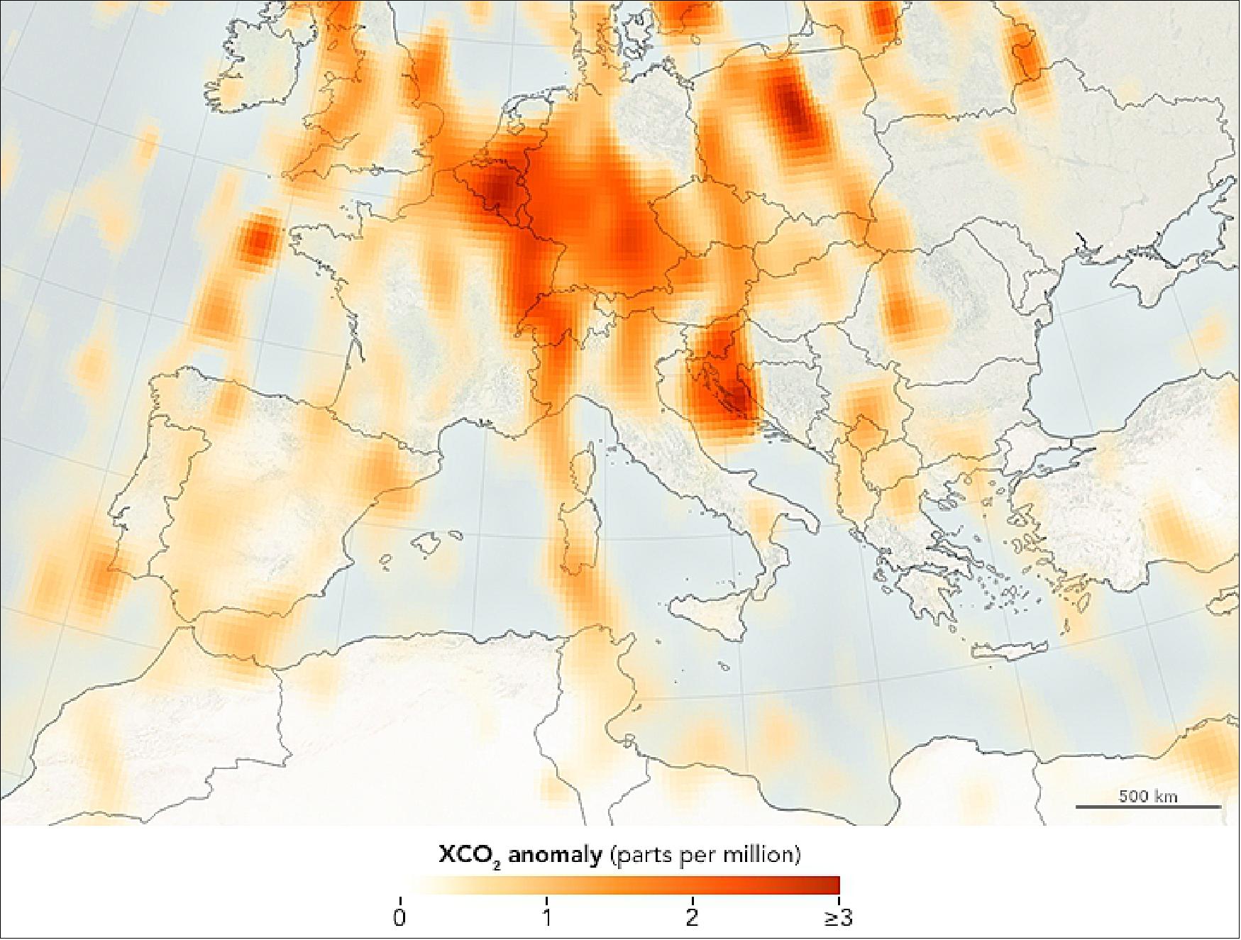 Figure 23: Illustration of OCO-2 CO2 concentrations in Europe measured in the period 2014-2016 (image credit: NASA Earth Observatory, maps by Joshua Stevens, using OCO-2 anomaly data of Ref. 44)