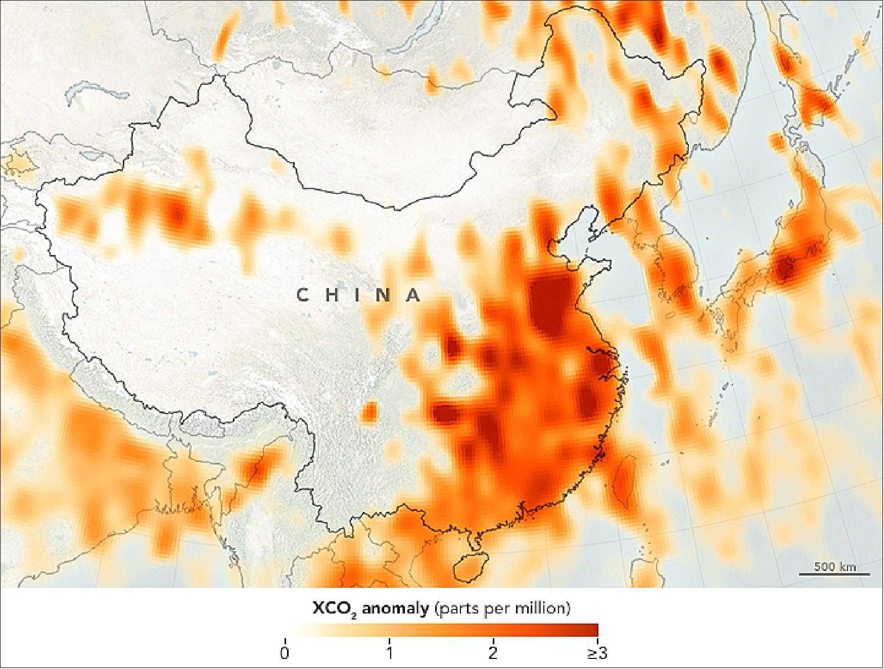 Figure 21: Illustration of OCO-2 CO2 concentrations in China measured in the period 2014-2016 (image credit: NASA Earth Observatory, maps by Joshua Stevens, using OCO-2 anomaly data of Ref. 44)
