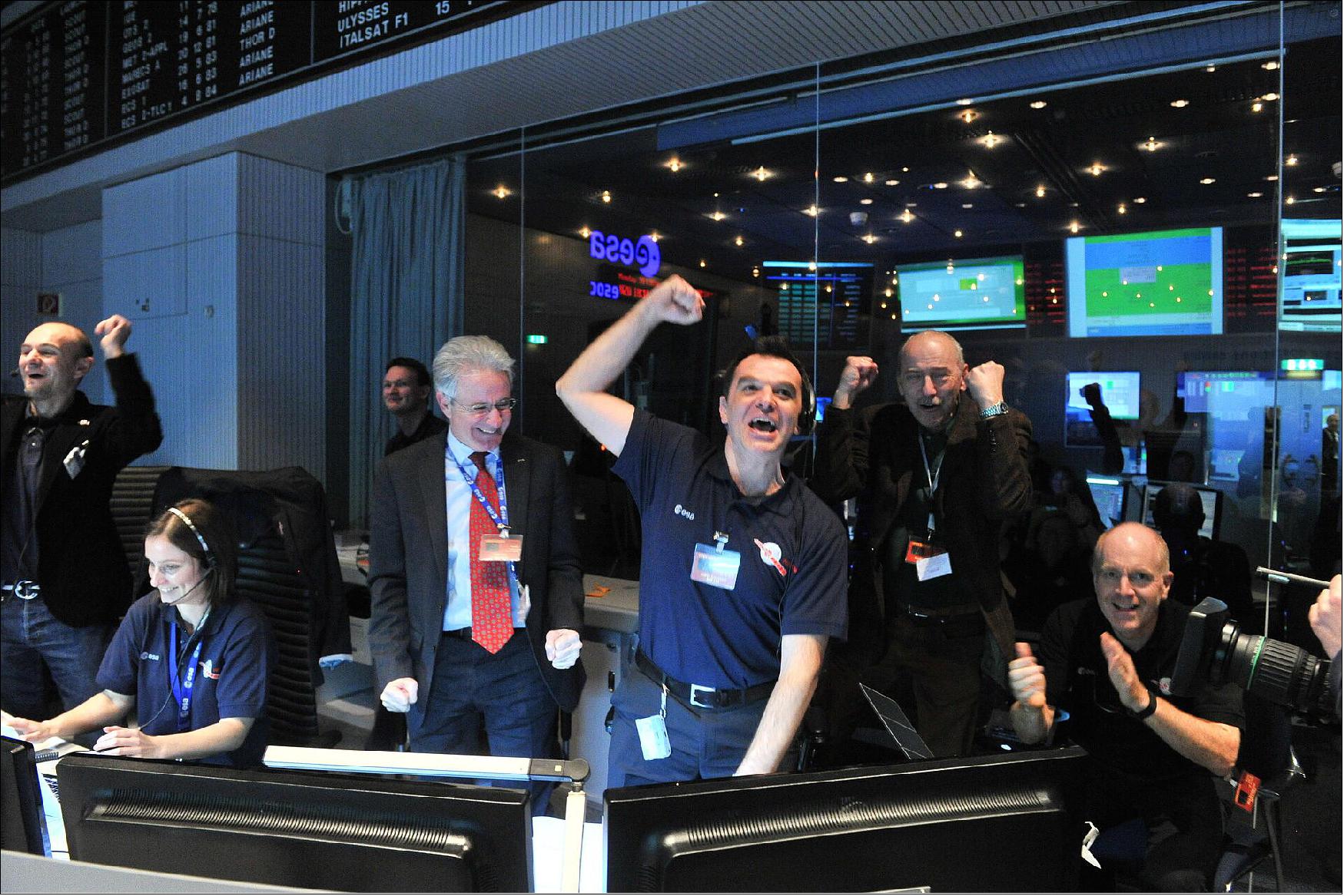Figure 32: Rosetta Wake-up signal cheer. Mission controllers cheer the first signal received from the Rosetta spacecraft on 20 January 2014. Rosetta had woken up 807 million km away after 31 months of deep-space hibernation. At ESA’s Operations Centre in Darmstadt, Germany, mission controllers, ESA staff and press waited for the first sign of Rosetta’s revival. - Rosetta is chasing Comet 67P/Churyumov–Gerasimenko, where it will become the first mission to rendezvous with a comet, the first to land on a comet and the first to follow a comet around the Sun (image credit: ESA, Jürgen Mai)