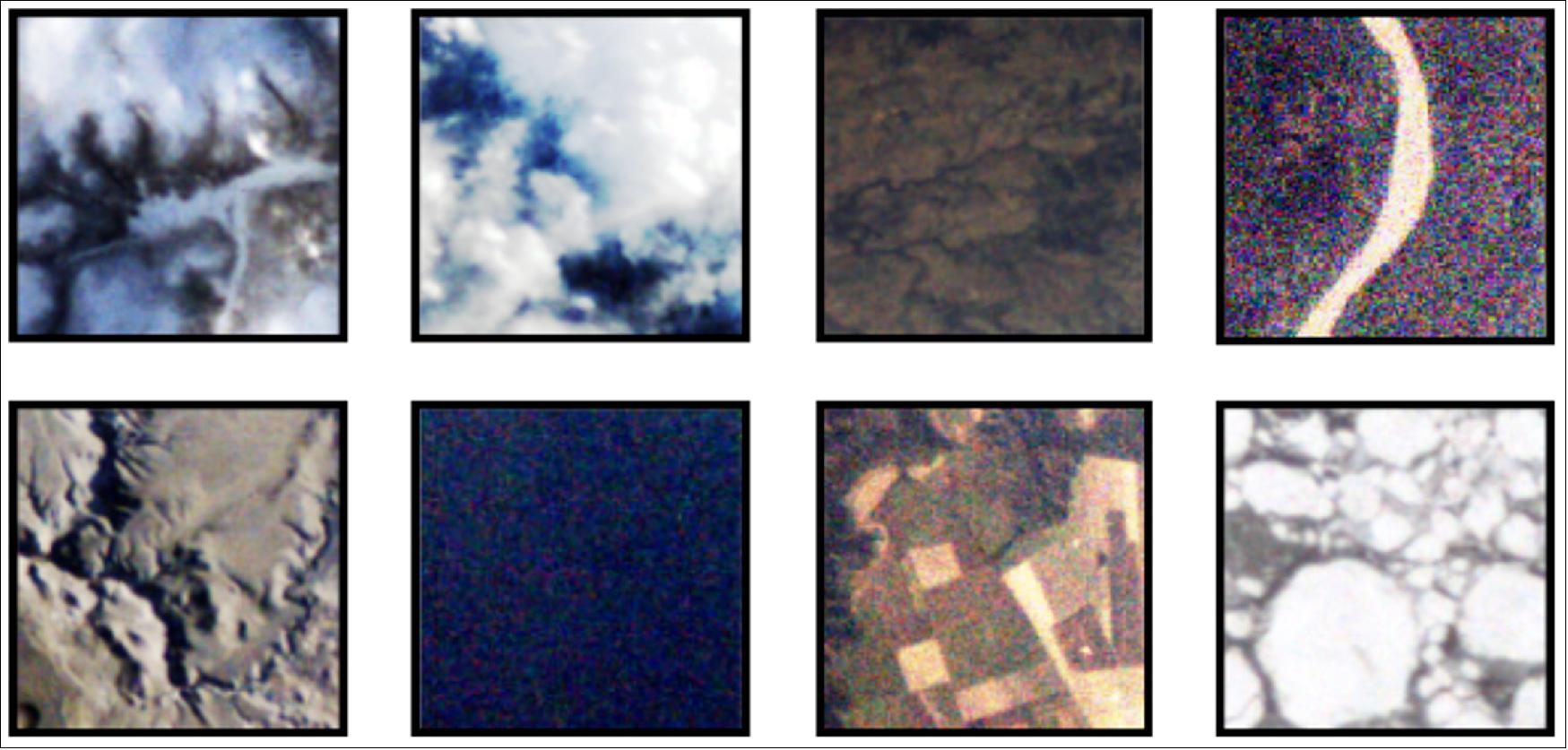 Figure 13: Tile classes. Post-processed example of the eight classes: Snow, Cloud, Natural, River, Mountain, Water, Agricultural, or Ice (image credit: ESA)