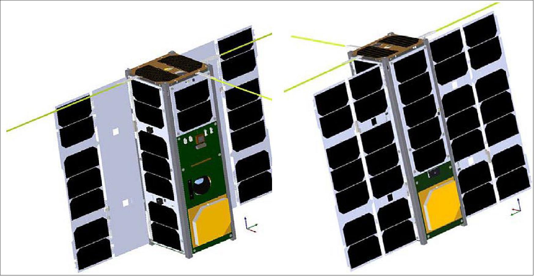 Figure 1: Illustration of the OPS-SAT nanosatellite configuration with solar arrays deployed; left: front view; right: rear view (image credit: ESA)
