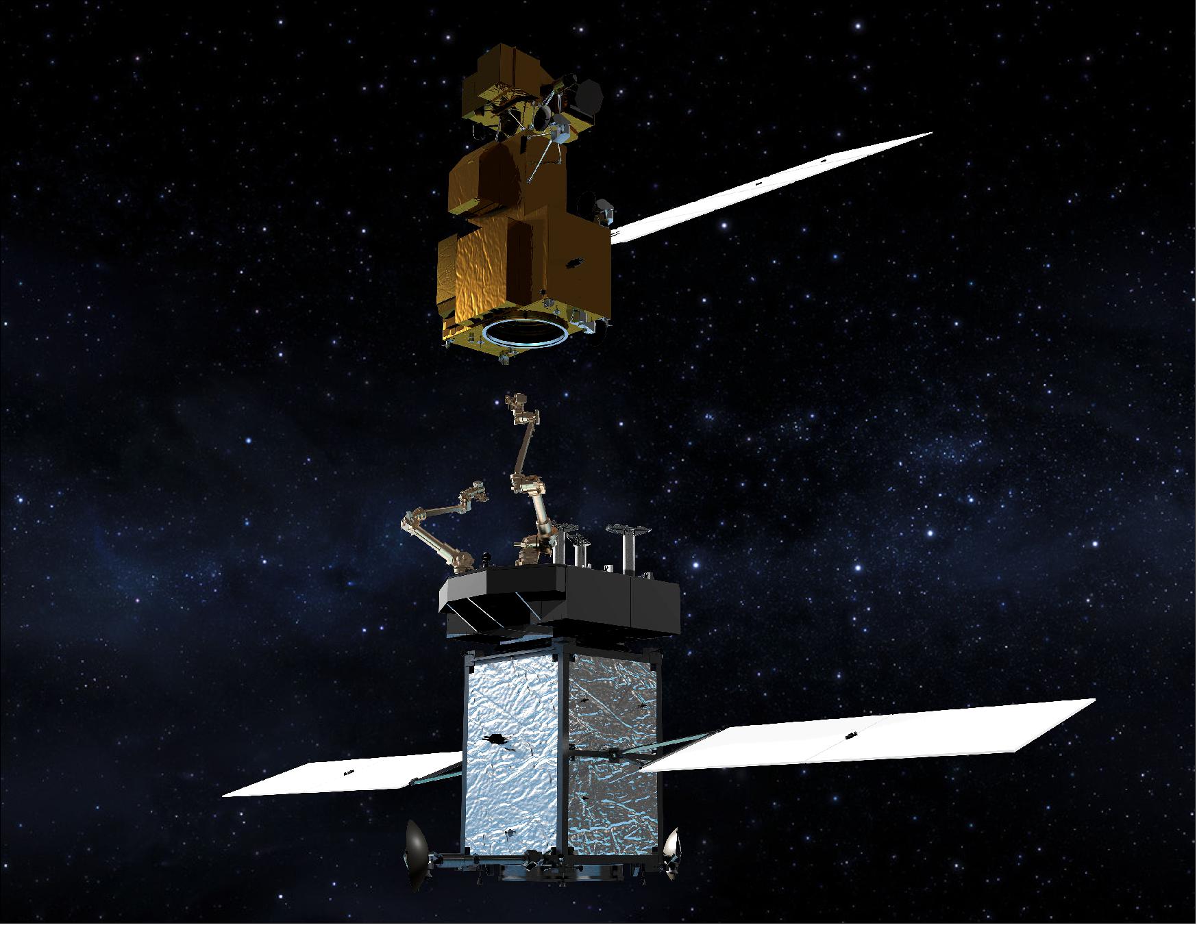 Figure 2: Artist's rendering of the Restore-L servicer extending its robotic arm to grasp and refuel a client satellite on orbit (image credit: NASA)