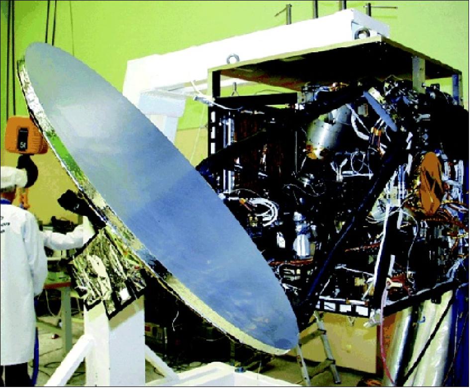 Figure 5: The Odin CFRP main reflector with sub reflector can be seen mounted on the CFRP support structure that also holds the star tracker optical heads (image credit: SSC)