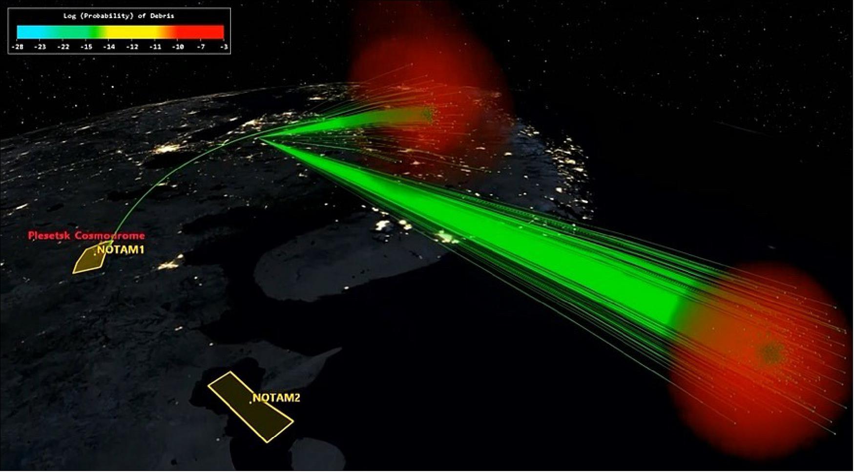 Figure 1: A simulation of the Russian ASAT demonstration in November 2021. Much of the debris from that event is in an orbit that periodically lines up with satellites in sun-synchronous orbits [image credit: COMSPOC (Commercial Space Operations Center)]