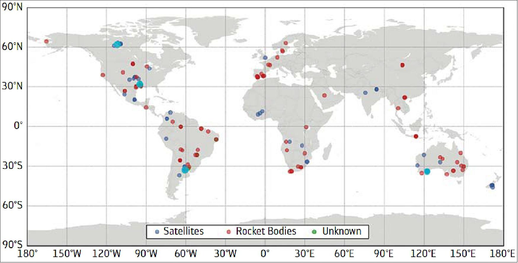 Figure 49: Locations of debris objects that have been retrieved after reentry (image credit: ESA)