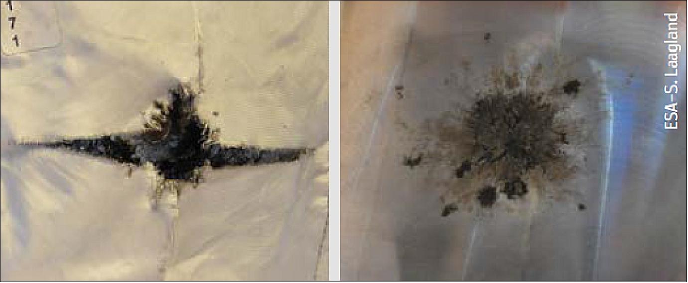 Figure 47: Whipple shielding after impact testing. The left image shows the damage to the outside, and the right shows the innermost layer (image credit: ESA-Laagland)
