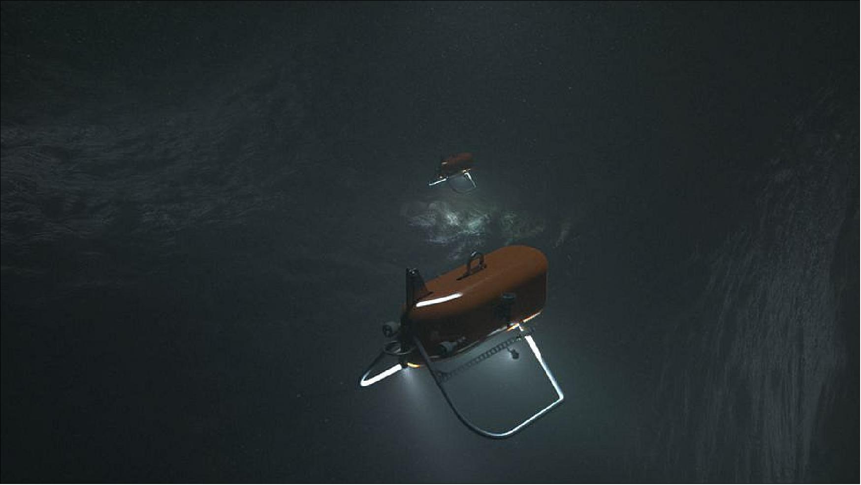 Figure 8: A graphic of two Orpheus drones exploring the ocean (image credit: OceanX/Bloomberg Philanthropies)