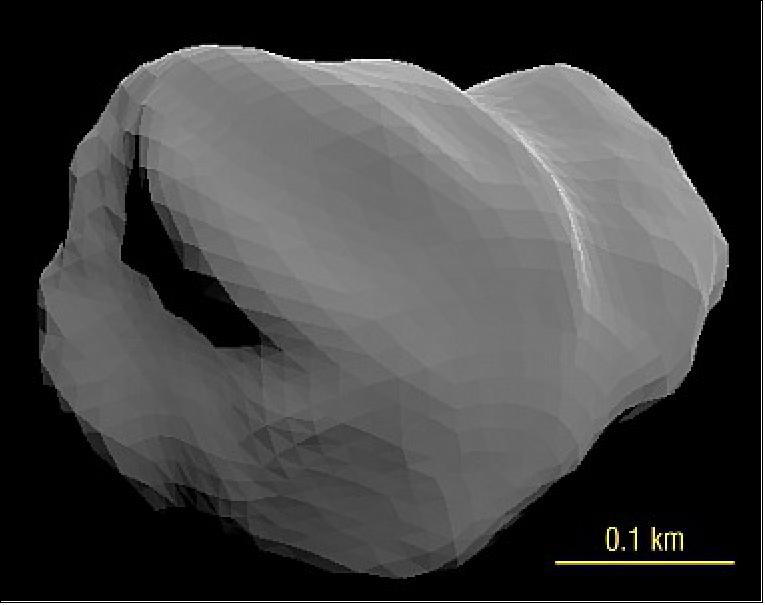 Figure 2: Imaging scientists Dathon Golish created this simulated image of the view of near-Earth asteroid Apophis in the APEX camera, based on a shape model produced by JPL's Marina Brozović and her colleagues (image credit: UArizona/JPL/Arecibo)