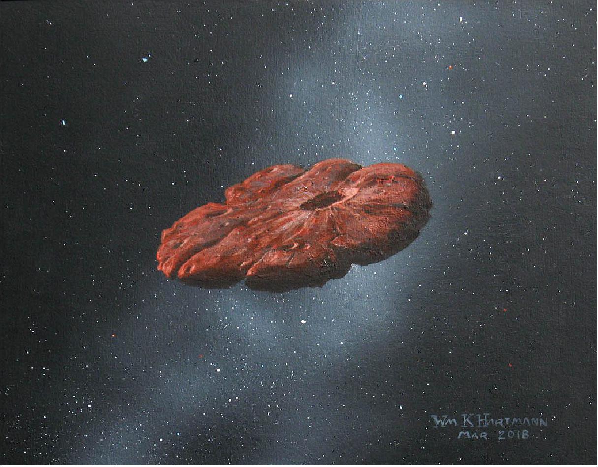 Figure 2: This painting by William K. Hartmann, who is a senior scientist emeritus at the Planetary Science Institute in Tucson, Arizona, is based on a commission from Michael Belton and shows a concept of the ‘Oumuamua object as a pancake-shaped disk (illustration by William Hartmann)