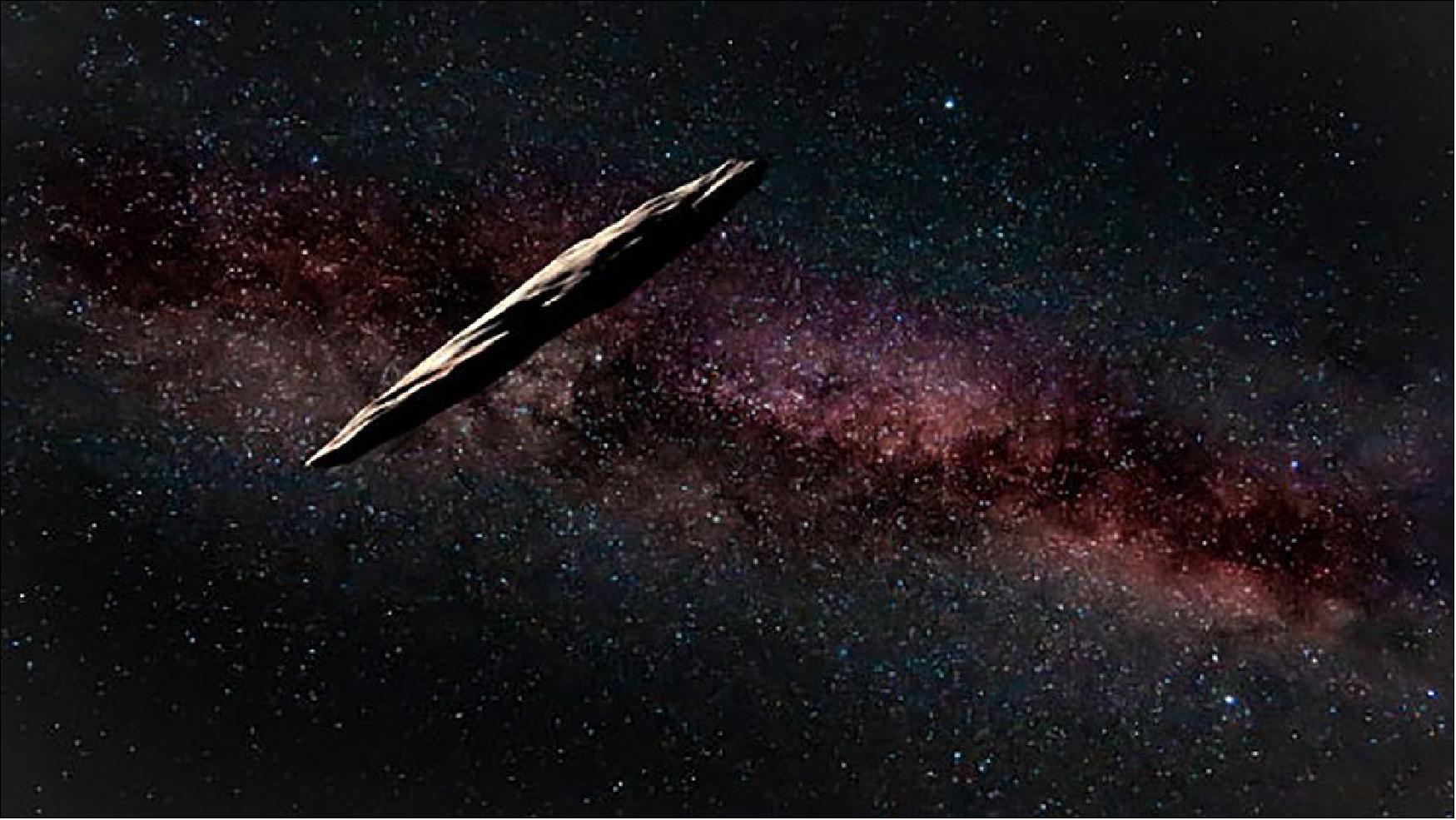 Figure 1: An artist's rendering of 'Oumuamua, a visitor from outside the solar system (image credit: The international Gemini Observatory/NOIRLab/NSF/AURA artwork by J. Pollard)