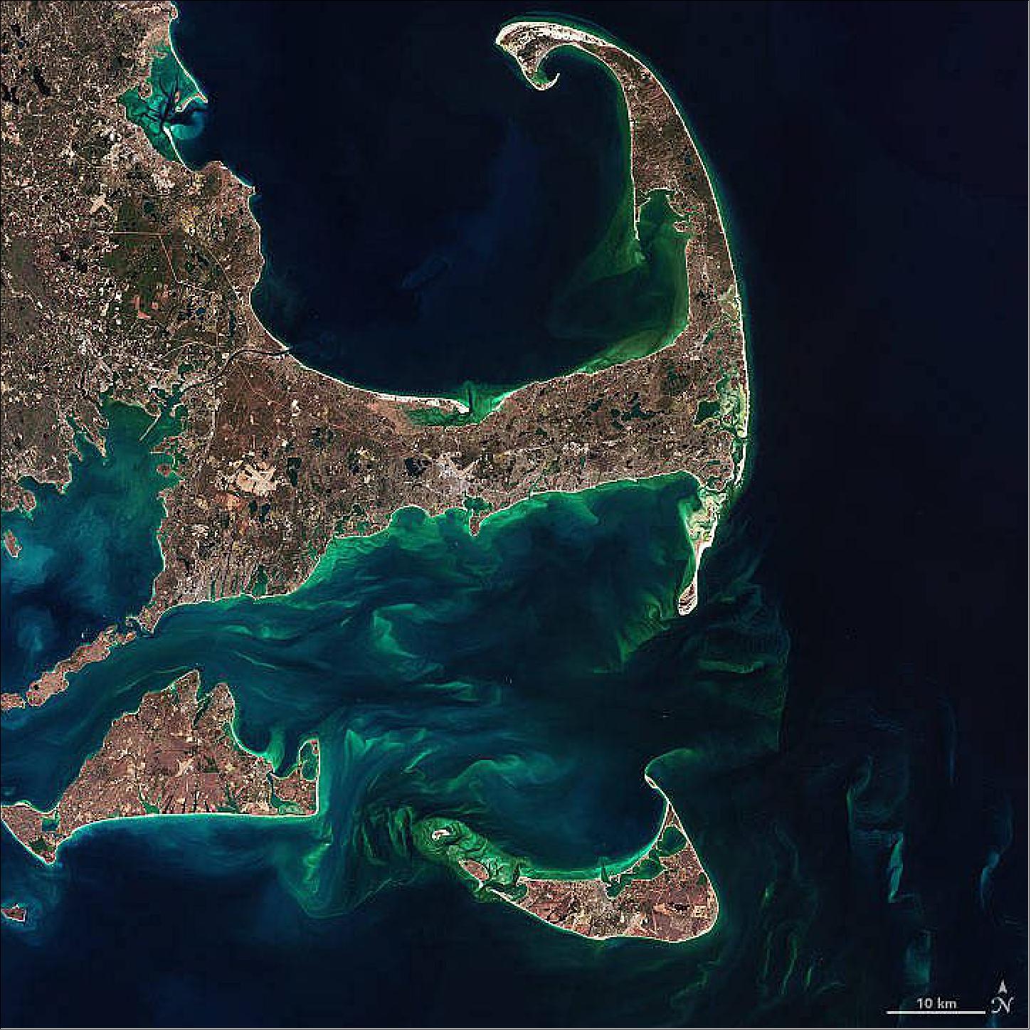 Figure 10: Hints of Spring in the Atlantic. Coastal areas are often colored very differently than the open ocean. Variations in the colors reflected back from coastal areas not only give scientists clues to the health of the organisms that live there, which also helps them prepare for coastal HABs, but also inform on outflows from riverine systems and watershed dynamics (image credits: NASA Earth Observatory / Joshua Stevens & Norman Kuring)