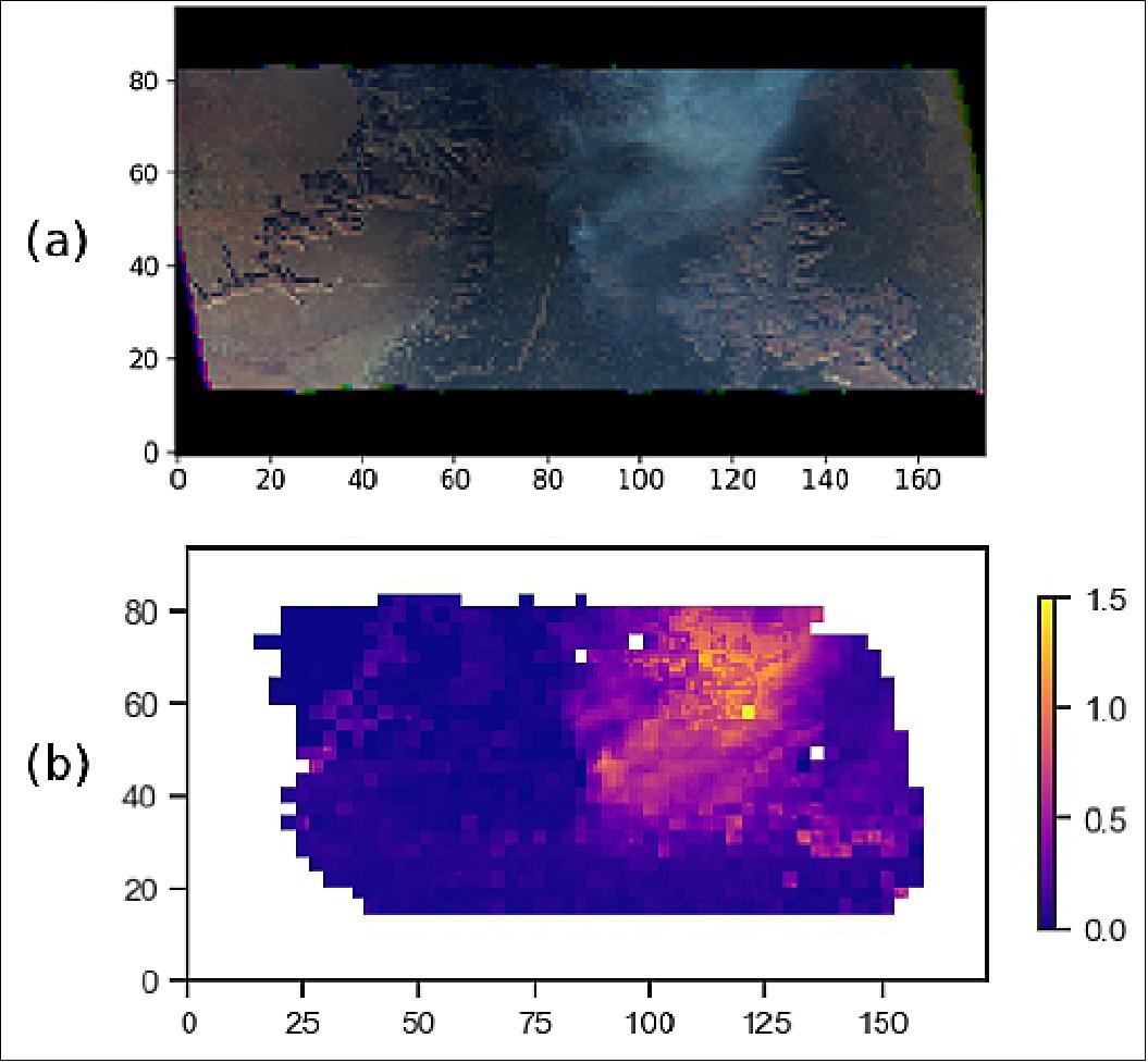 Figure 24: Forest fire plume observed by AirHARP on 27 October 2017 at 18:16 UTC, during the ACEPOL 2017 campaign. (a) is the RGB image constructed using the reflectance values for nadir images of the scene plotted in gridded pixel co-ordinates. (b) AOD at 440 nm, retrieved for the same scene in (a) using GRASP, at 1.2 km resolution (image credit: HARP-2 Team)