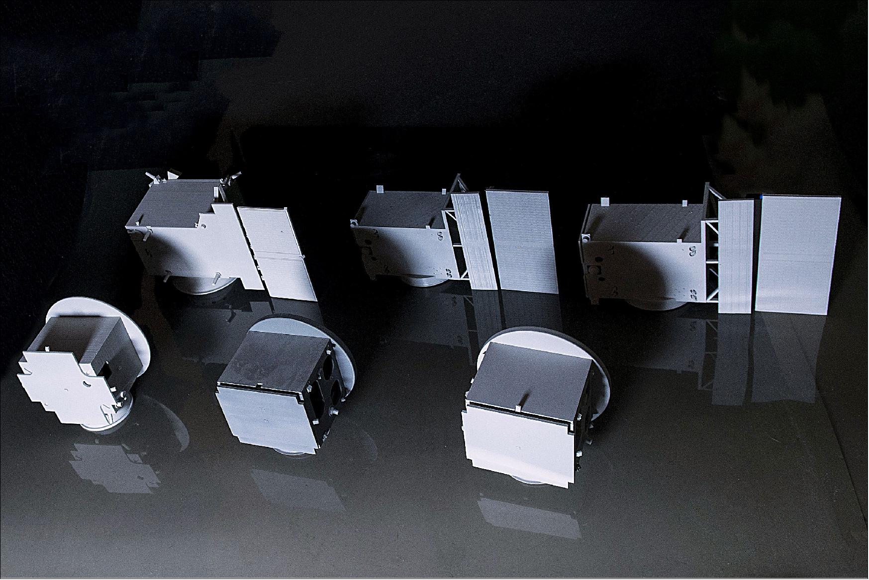 Figure 24: The design evolution of ESA’s PROBA-3 double satellite is shown by this trio of 3D-printed models, each pair – from left to right – produced after successive development milestones (image credit: ESA, G. Porter)