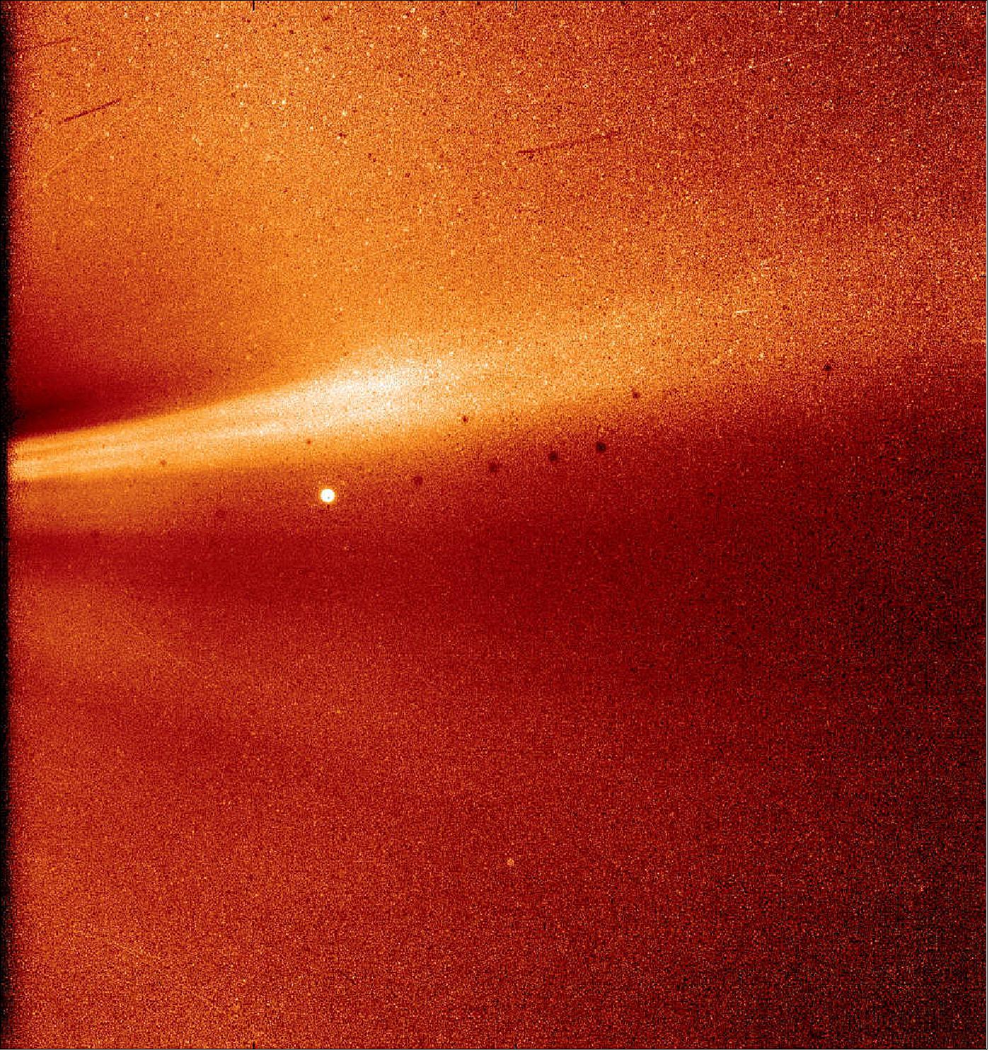 Figure 10: This image from Parker Solar Probe's WISPR (Wide-field Imager for Solar Probe) instrument shows a coronal streamer, seen over the east limb of the Sun on 8 November 2018, at 1:12 a.m. EST. Coronal streamers are structures of solar material within the Sun's atmosphere, the corona, that usually overlie regions of increased solar activity. The fine structure of the streamer is very clear, with at least two rays visible. Parker Solar Probe was about 16.9 million miles from the Sun's surface when this image was taken. The bright object near the center of the image is Mercury, and the dark spots are a result of background correction (image credit: NASA/Naval Research Laboratory/Parker Solar Probe)