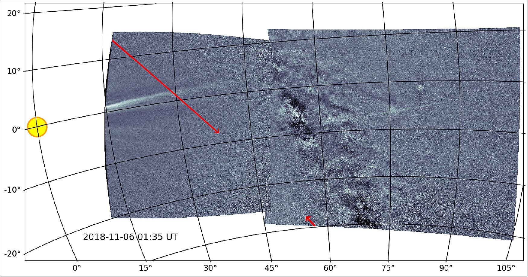 Figure 1: Parker Solar Probe's WISPR instruments captured the first-ever view of a dust trail in the orbit of asteroid Phaethon. This dust trail creates the Geminids meteor shower, visible each December (image credit: Brendan Gallagher/Karl Battams/NRL)