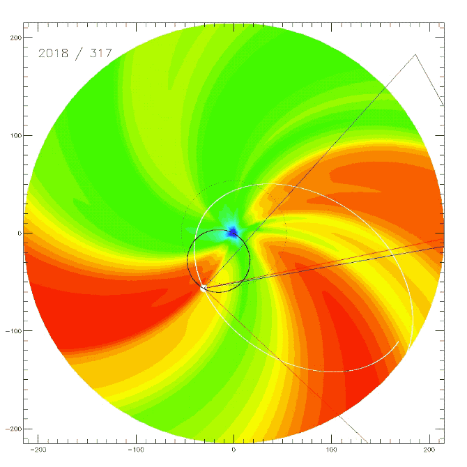 Figure 13: Numerical models provide a global context for interpreting Parker Solar Probe observations. This animation is from a model showing how the solar wind flows out from the Sun, with the perspective of Parker Solar Probe’s WISPR instrument overlaid (image credits: Predictive Science Inc.)