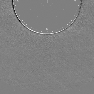 Figure 60: Data from the Mauna Loa Solar Observatory in Hawaii shows a jet of material being ejected near the Sun's south pole on Jan. 21, 2020 (UTC). This difference image is created by subtracting the pixels of the previous image from the current image to highlight changes (image credit: Mauna Loa Solar Observatory/K-Cor)