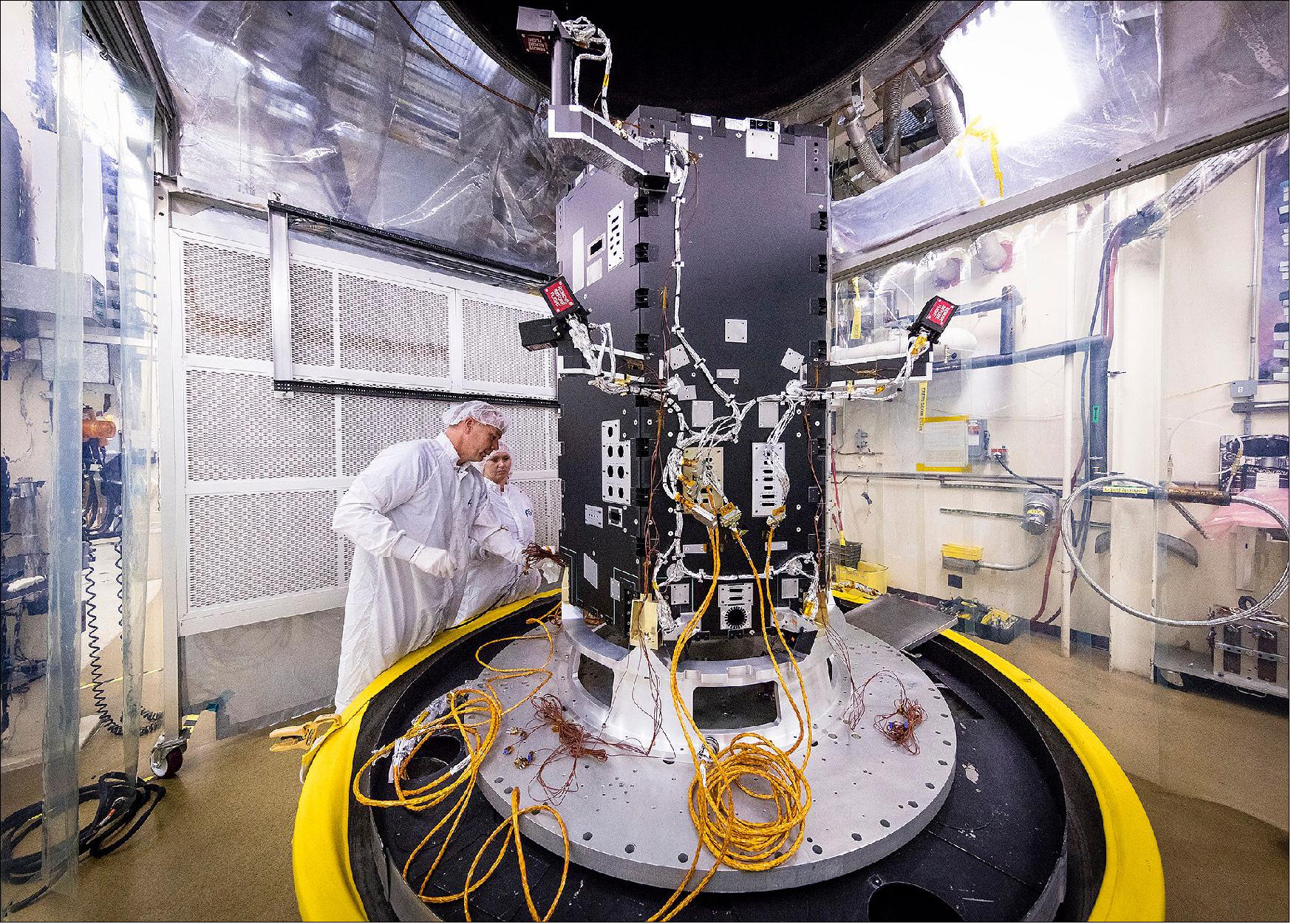 Figure 131: Engineers at JHU/APL in Laurel, Maryland, prepare the developing Solar Probe Plus spacecraft for thermal vacuum tests that simulate conditions in space. Today, the spacecraft includes the primary structure and its propulsion system; still to be installed over the next several months are critical systems such as power, communications and thermal protection, as well as science instruments. The probe is scheduled for launch in summer 2018 (image credit: NASA, JHU/APL)