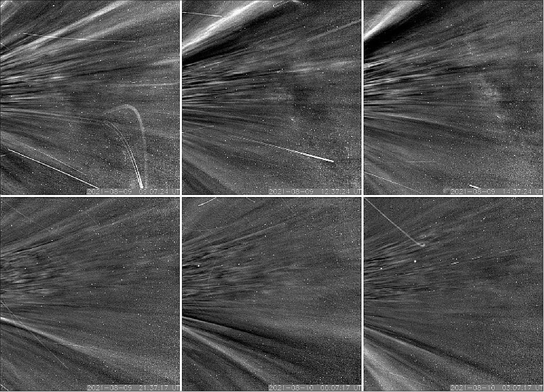 Figure 29: As Parker Solar Probe passed through the corona on encounter nine, the spacecraft flew by structures called coronal streamers. These structures can be seen as bright features moving upward in the upper images and angled downward in the lower row. Such a view is only possible because the spacecraft flew above and below the streamers inside the corona. Until now, streamers have only been seen from afar. They are visible from Earth during total solar eclipses.(image credits: NASA/Johns Hopkins APL/Naval Research Laboratory)