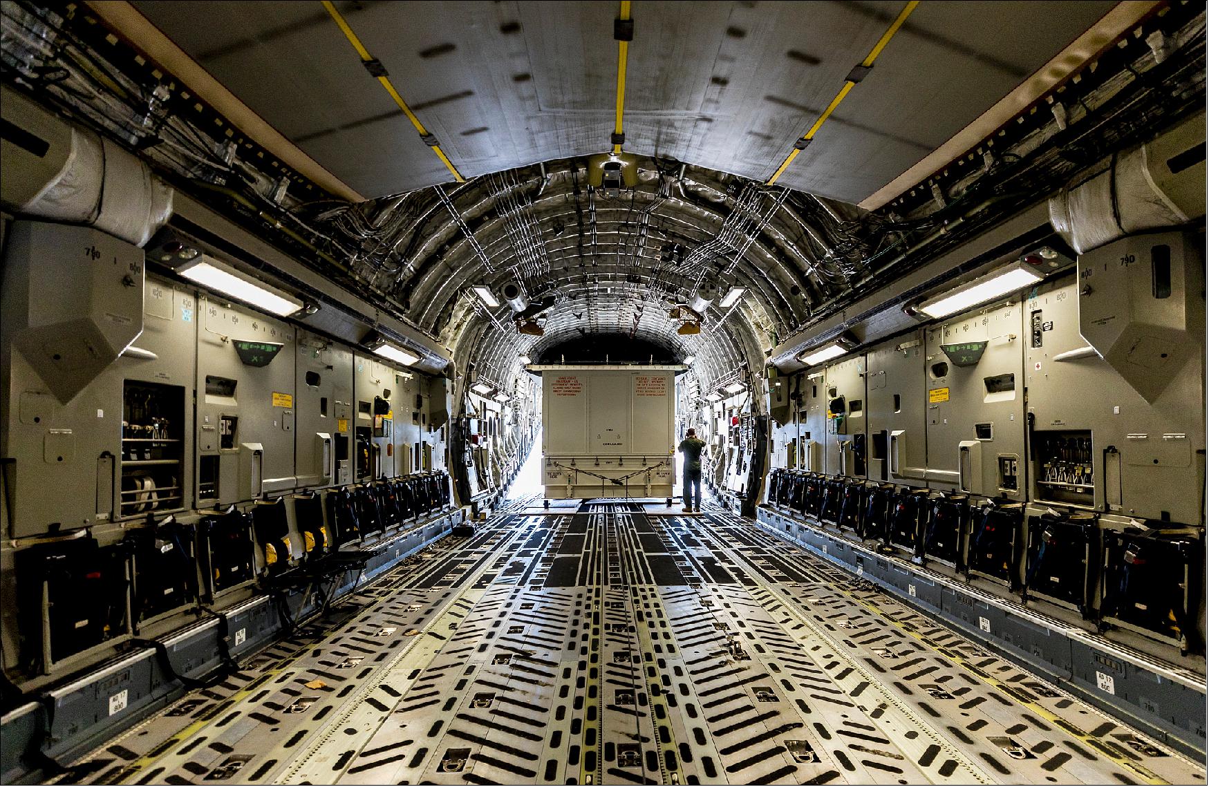Figure 125: The custom shipping container holding NASA’s Parker Solar Probe is prepared for unloading from the C-17 of the United States Air Force’s 436th Airlift Wing after landing at Space Coast Regional Airport in Titusville, Florida, on the morning of April 3, 2018 (image credit: NASA/JHU-APL/Ed Whitman)