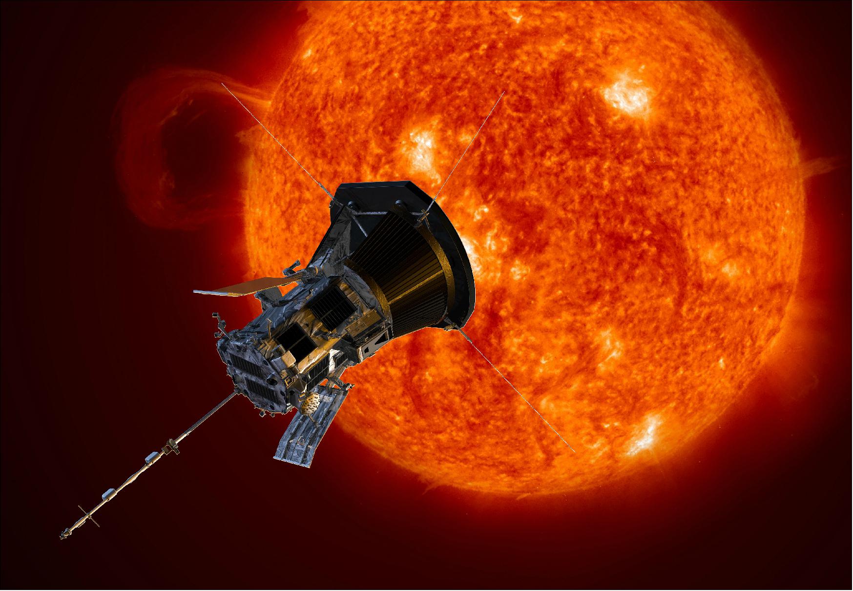 Figure 5: This illustration of NASA's Parker Solar Probe depicts the spacecraft traveling through the Sun's outer atmosphere (image credit: JHU/APL)