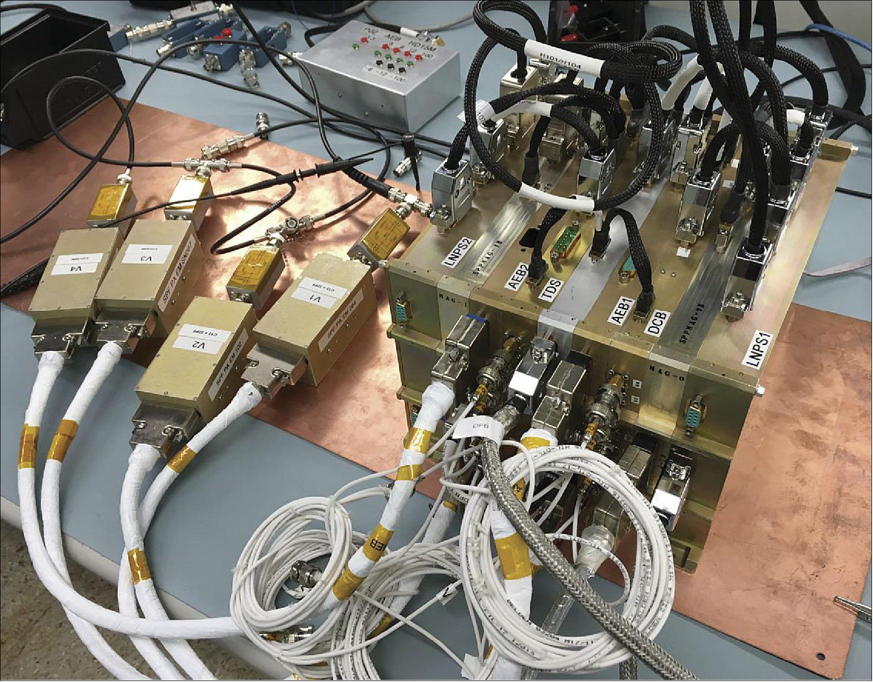 Figure 121: A photograph of theEM (Engineering Model) of the FIELDS main electronics package and V1–V4 preamps. The individual boards are labeled (image credit: FIELDS collaboration)