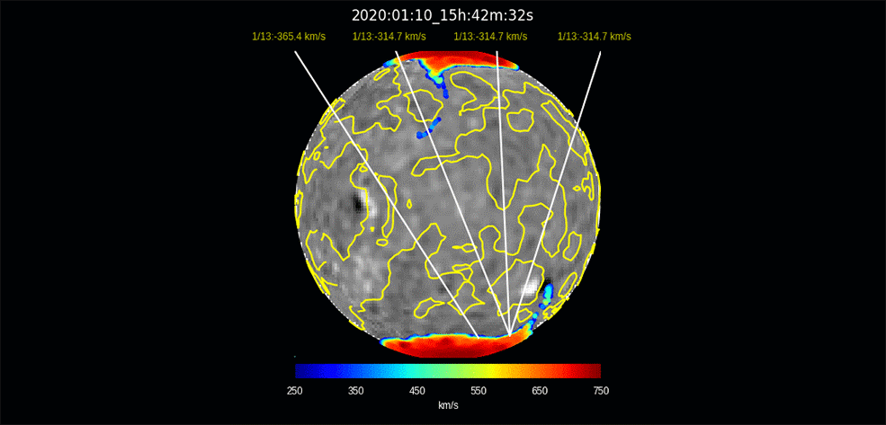 Figure 64: This model run — produced by Nick Arge and Shaela Jones using the WSA model — illustrates the predicted origin for solar wind that will impact Earth days later, spanning Jan. 10 – Feb. 3, 2020. The colored regions near the Sun's north and south poles show the regions from which the solar wind flows out, with red regions showing a faster flow and blue regions showing a slower flow. The yellow lines on the Sun divide areas of opposite magnetic polarity. The white lines indicate the predicted points of origin for the solar wind arriving at Earth at the given date. The black and white underlaid image shows a map of the magnetic field at the Sun's surface, the basis for the model's predictions. The black regions are where the magnetic field points inward, toward the Sun, and white regions are where the field points outward, away from the Sun (image credits: NASA/Nick Arge/Shaela Jones)