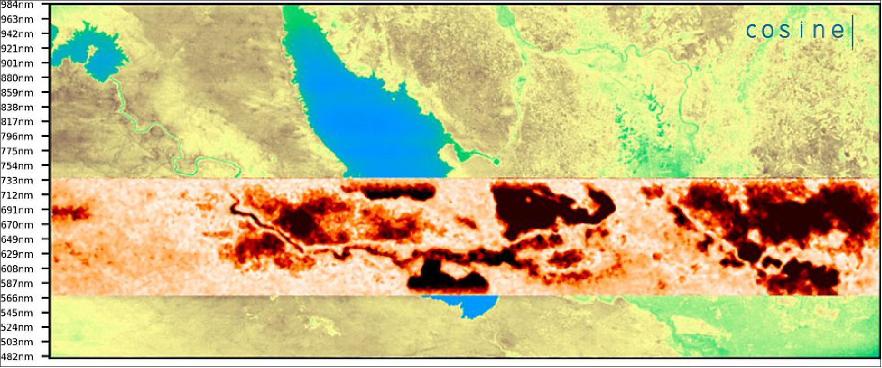 Figure 24: Lake Tharthar, Iraq. Φ-Sat-1 has successfully enabled the pre-filtering of Earth observation data so that only relevant part of the image with usable information are downlinked to the ground, thereby improving bandwidth utilization and significantly reducing aggregated downlink costs. This is the first hyperspectral VNIR-TIR full co-registered image (image credit: cosine remote sensing B.V.)