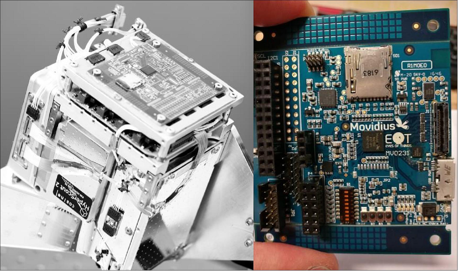 Figure 5: Right: Intel's Movidius Myriad 2 board, Left: as integrated on the top of the HyperScout-2 electronics stack (image credit: cosine Remote Sensing, ESA/ESTEC).