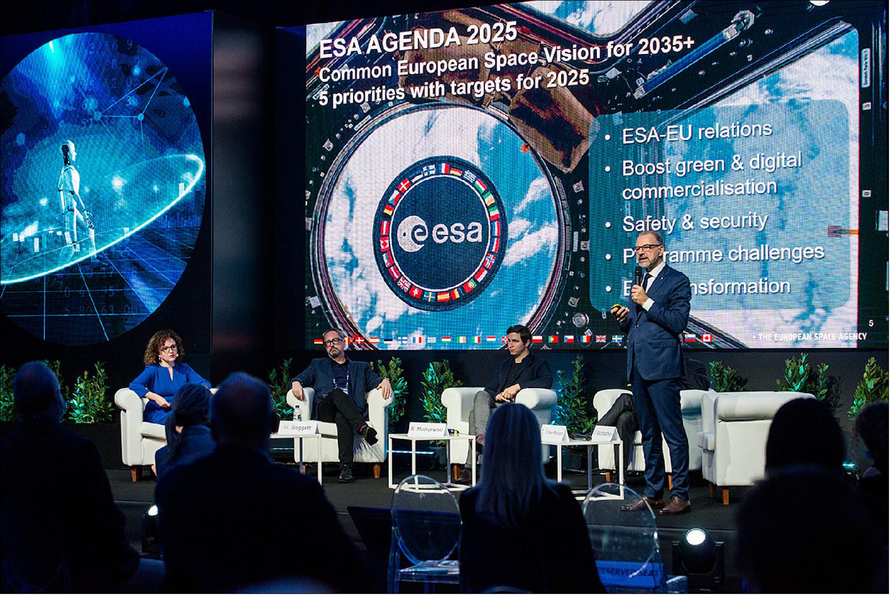 Figure 18: Josef Aschbacher, ESA’s Director General, speaking at the opening of ESA's Φ-week 2021. In his address, he explained how his priorities include transforming ESA and boosting green and digital commercialization, as outlined in Agenda 2025 (image credit: ESA, V. Stefanelli)