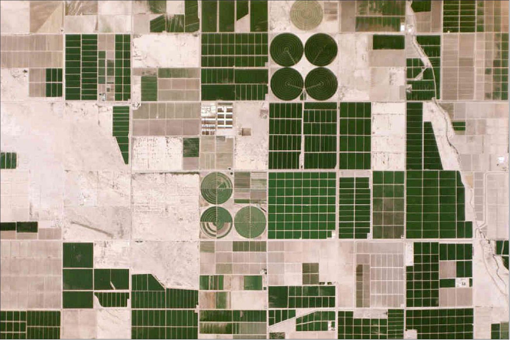 Figure 49: Irrigated fields in Pinal County, Arizona captured by Flock 1 nanosatellites in August 2014 (image credit: Planet Labs) 87)