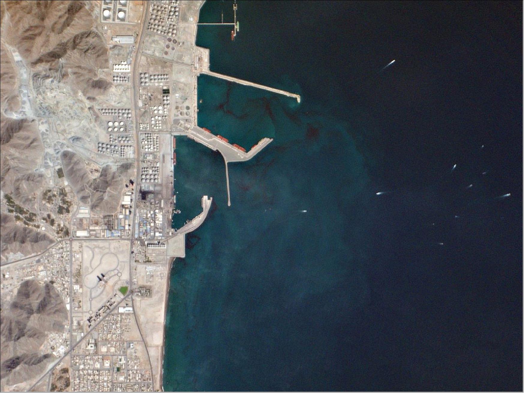 Figure 46: Fujairah oil industry zone, United Arab Emirates, acquired in early March 2015 (image credit: Planet Labs, Ref. 81)