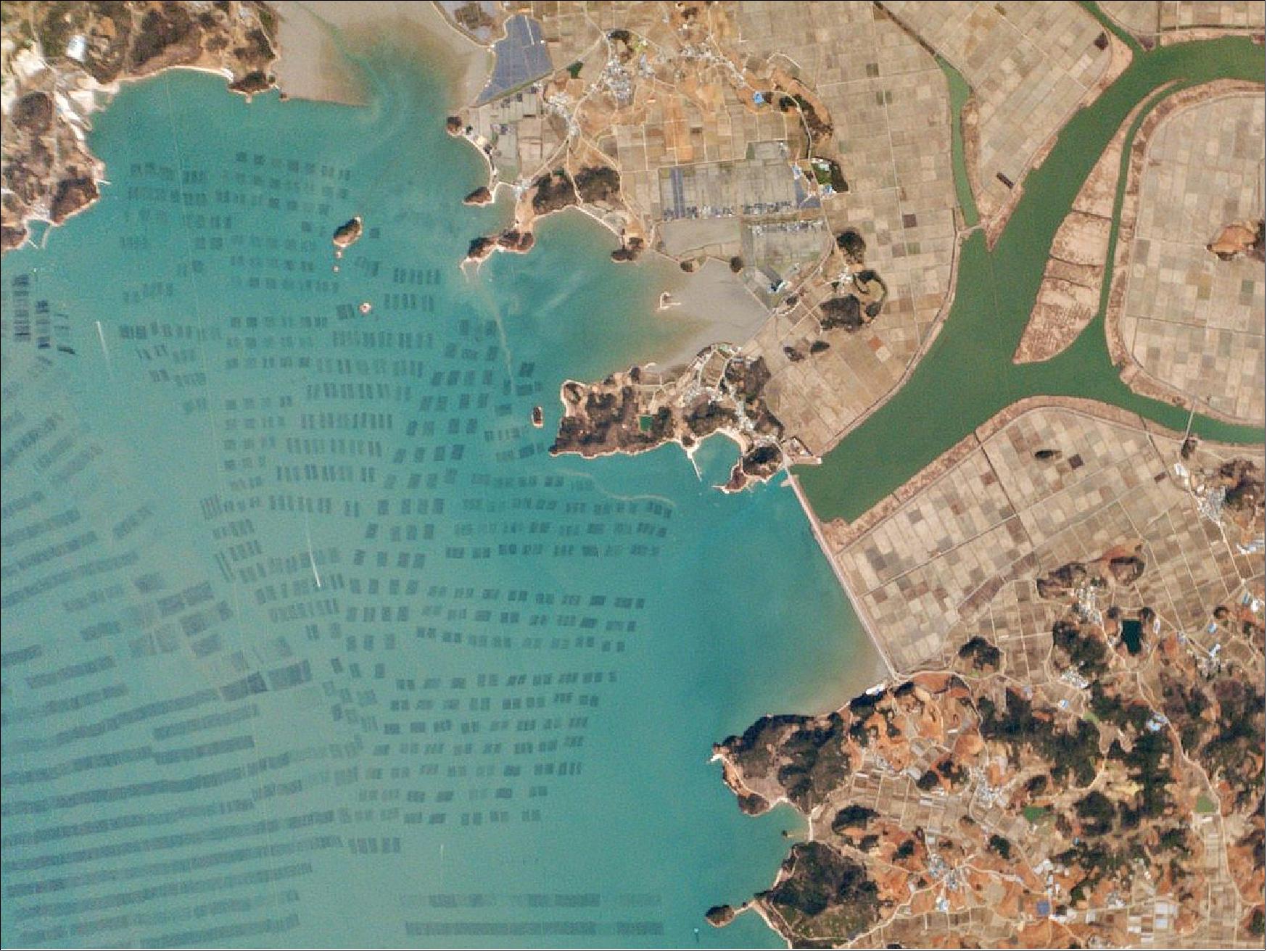 Figure 45: This Flock 1 image, acquired on 01 March 2015, shows aquaculture off the coast of South Korea (image credit: Planet Labs)