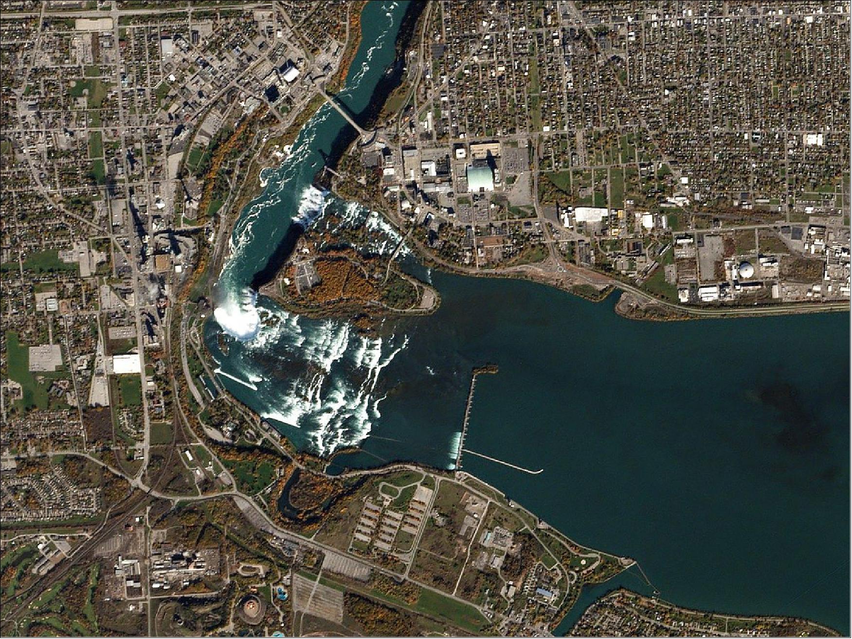 Figure 44: The Flock 1 constellation acquired this image of Niagara Falls on 26 October 2015. — Niagara Falls is a 12,000-year-old relic of the last Ice Age. Since then, the falls have moved more than 6 miles upstream from their original location near Lake Ontario.