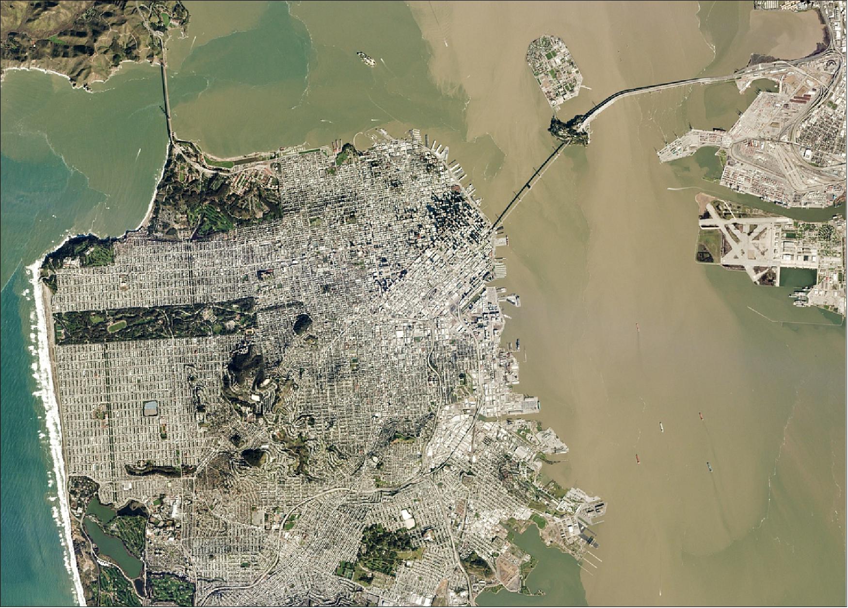 Figure 38: A clear view amid California's rainy winter of Planet's Headquarters, reveals more than just expanse of the Golden Gate Bridge, Park, and Bay Bridge, but the dramatic sediment pulled from the 11900 km2 of the San Francisco Bay watershed. The image was acquired on Feb. 11, 2017 (image credit: Planet)
