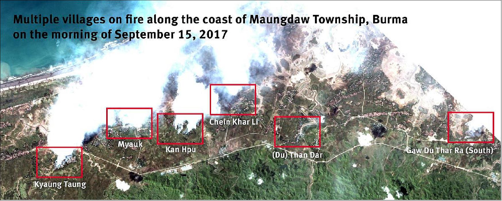 Figure 31: Multiple villages on fire along the coast of Maungdaw Township, Burma on the morning of September 15, 2017. Analysis Human Rights Watch (image credit: Planet Labs)