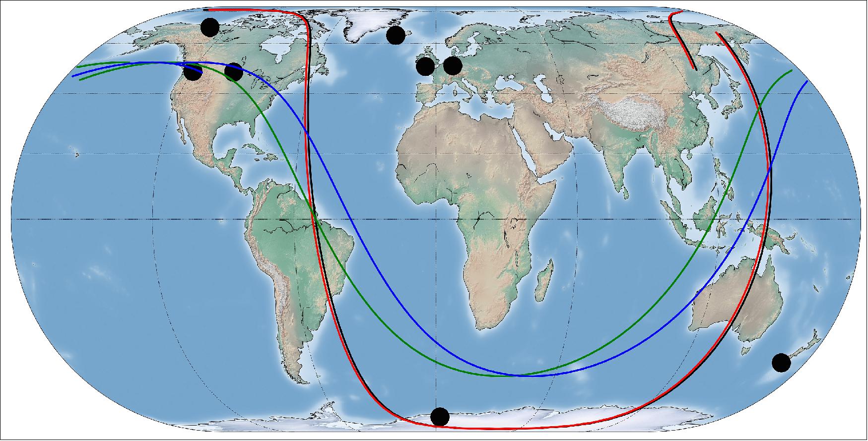 Figure 61: Location of X-band ground station antennas (black circles) and ground tracks of representative Dove satellites per flock (Flock 2P = Black, Flock 3P = Red, Flock 2E = Blue, Green), image credit: Planet Labs (Ref. 6)