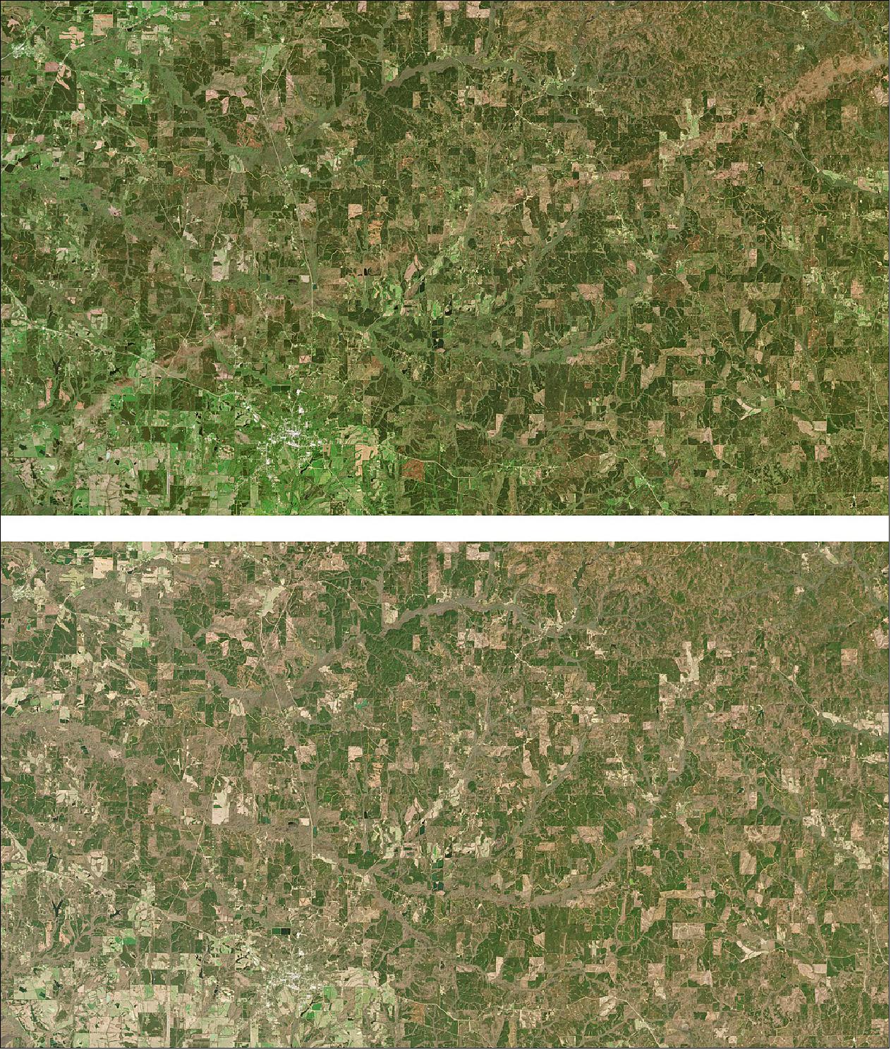 Figure 9: Tornado path mapping. These two true color PlanetScope images show the damage caused by the longest tornado to touch down during a storm on the night of March 25, 2020 in central Alabama. This tornado, an EF3, left a path of damage that was 80 miles long (image credit: Planet)