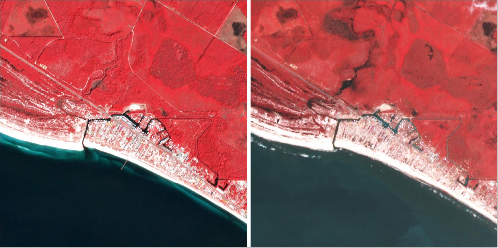 Figure 6: These two false color PlanetScope images show the direct aftermath of Hurricane Michael on the coastal community of Mexico Beach, Florida. In the second image, taken on October 11, 2018, the day after the hurricane made landfall it is possible to see large areas of damage and inland flooding throughout the community (image credit: Planet)