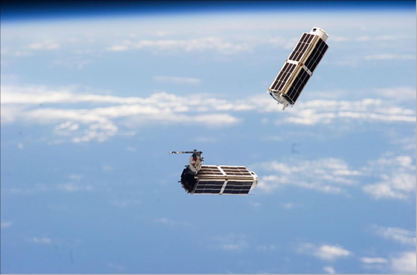 Figure 52: Deployment of the first two Flock 1 nanosatellites from the NanoRacks deployer system of the ISS (image credit: NASA, Universe Today)
