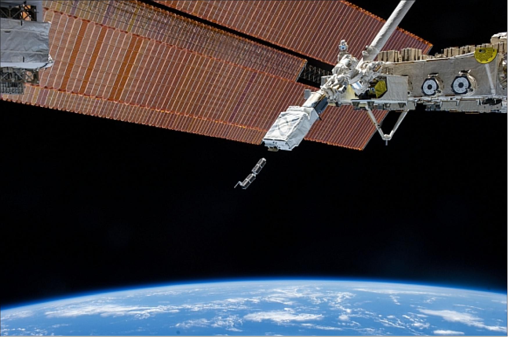 Figure 51: Deployment of the first two Flock 1 nanosatellites from the NanoRacks deployer system attached to the Kibo robotic arm (image credit: NASA)