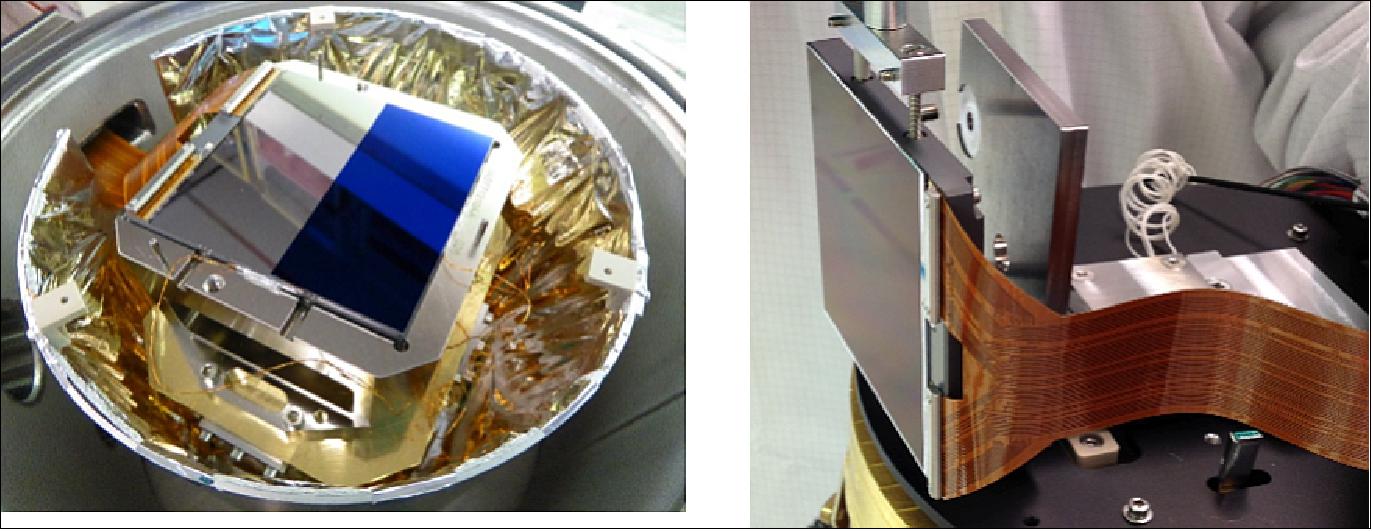 Figure 27: PLATO e2v-270 CCDs during characterization/qualification tests: left, frame transfer device; right, full frame CCD (image credit: PLATO consortium)