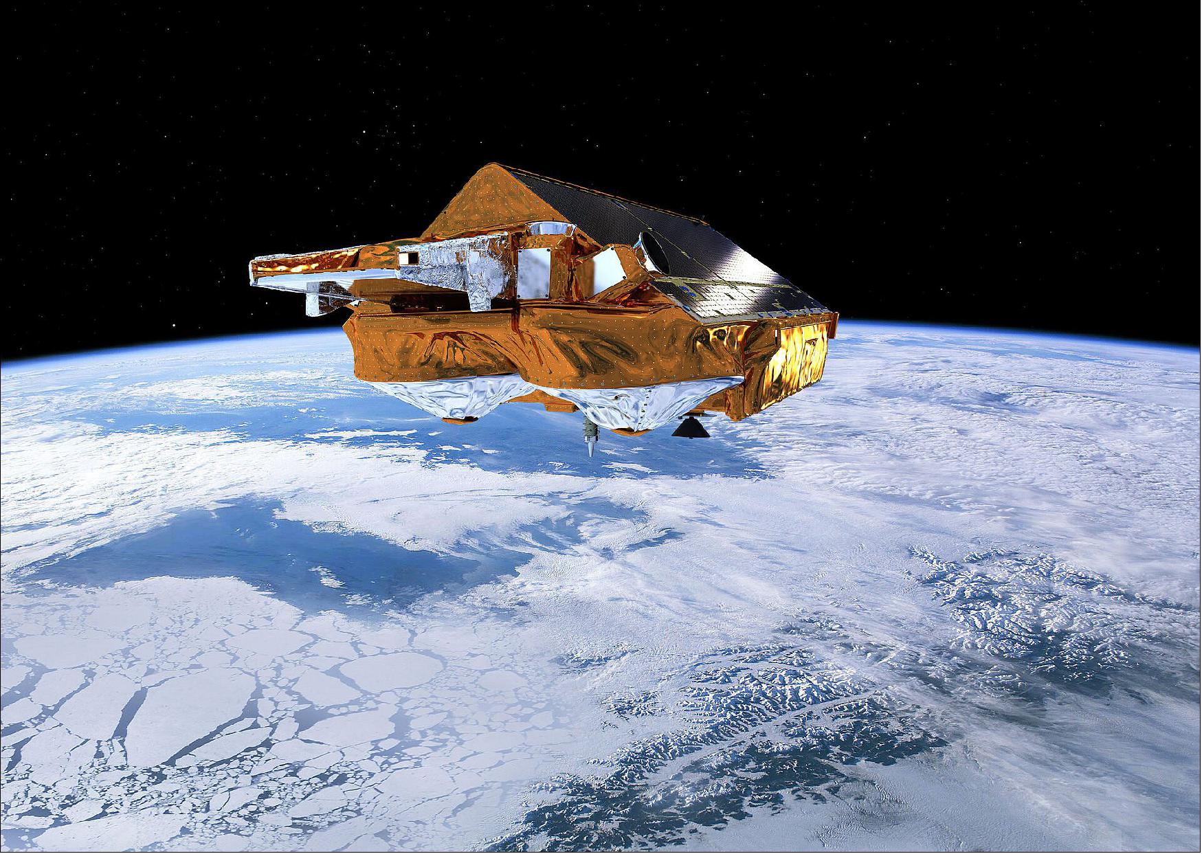 Figure 3: ESA’s Earth Explorer CryoSat mission is dedicated to precise monitoring of changes in the thickness of marine ice floating in the polar oceans and variations in the thickness of the vast ice sheets that blanket Greenland and Antarctica. The satellite flies at an altitude of just over 700 km, reaching latitudes of 88° north and south, to maximize its coverage of the poles. Its main payload is an instrument called Synthetic Aperture Interferometric Radar Altimeter (SIRAL). Previous radar altimeters had been optimized for operations over the ocean and land, but SIRAL is the first sensor of its kind designed for ice, measuring changes at the margins of vast ice sheets and floating ice in polar oceans (ESA/AOES Medialab)