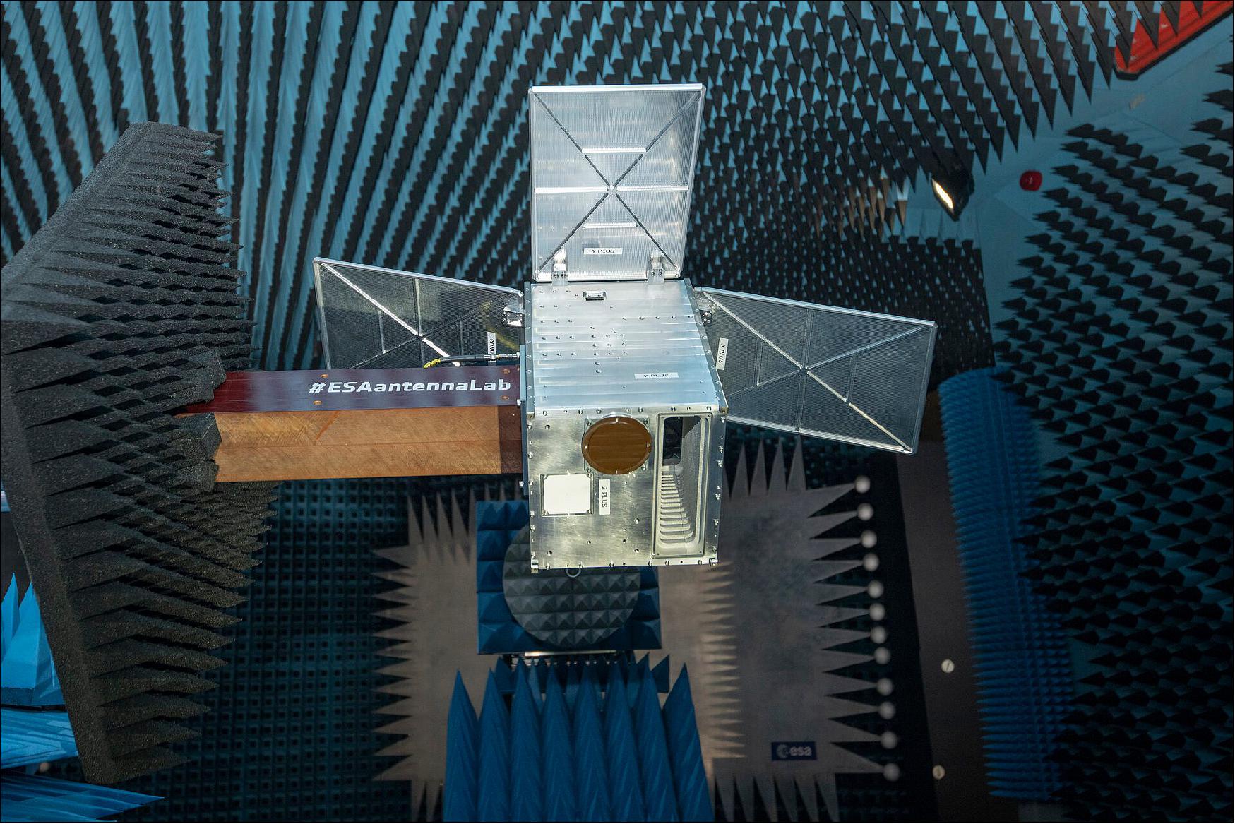 Figure 1: This satellite mockup, seen during antenna testing, shows the shape of ESA’s new PROBA-V Companion CubeSat, which is due for launch at the end of this year (image credit: ESA, P. de Maagt)