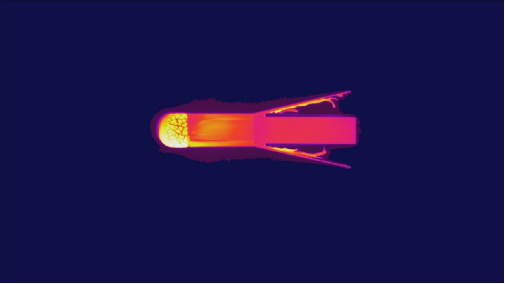 Figure 7: ESA's next CubeSat mission seen enduring the scorching heat of simulated atmospheric reentry inside the world's largest plasma wind tunnel [image credit: CIRA (Centro Italiano Ricerche Aerospaziali)]