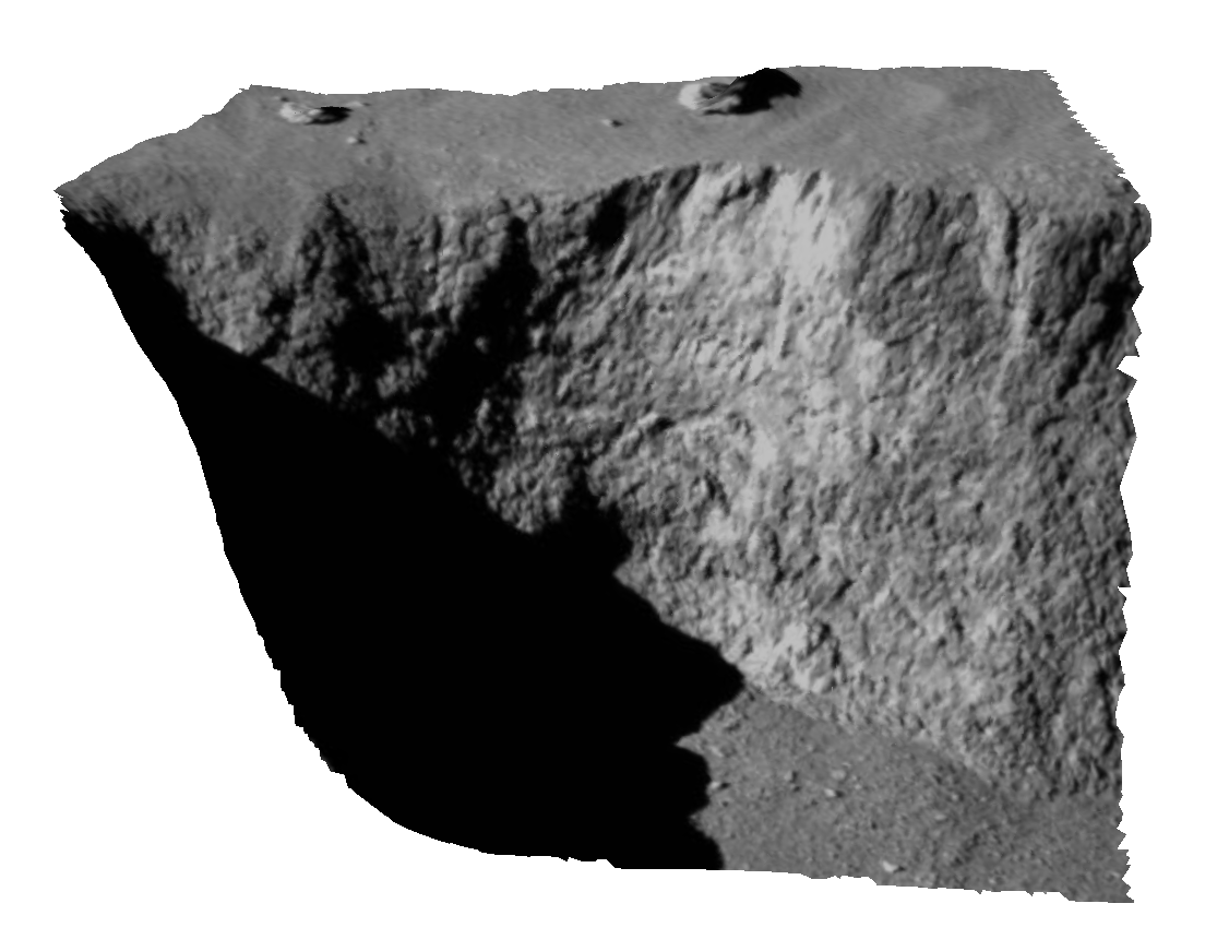 Figure 83: A 3D view of the Aswan cliff before and after part of it collapsed. The cliff was originally observed to have a 70 m-long, 1 m-wide fracture separating an overhanging block 12 m across from the main plateau. After the collapse, bright, pristine material is observed in the cliff wall, with new debris at the foot of the cliff (image credit: ESA/Rosetta/MPS for OSIRIS Team MPS/UPD/LAM/IAA/SSO/INTA/UPM/DASP/IDA; F. Scholten & F. Preusker)