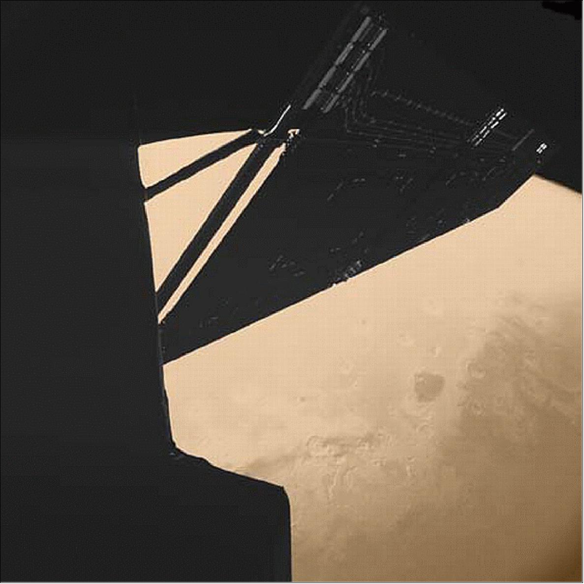 Figure 184: CIVA image of Mars acquired on Feb. 25, 2007 showing portions of the Rosetta spacecraft with Mars in the background (image credit: J. P. Bibring, CIVA, Philae, ESA)