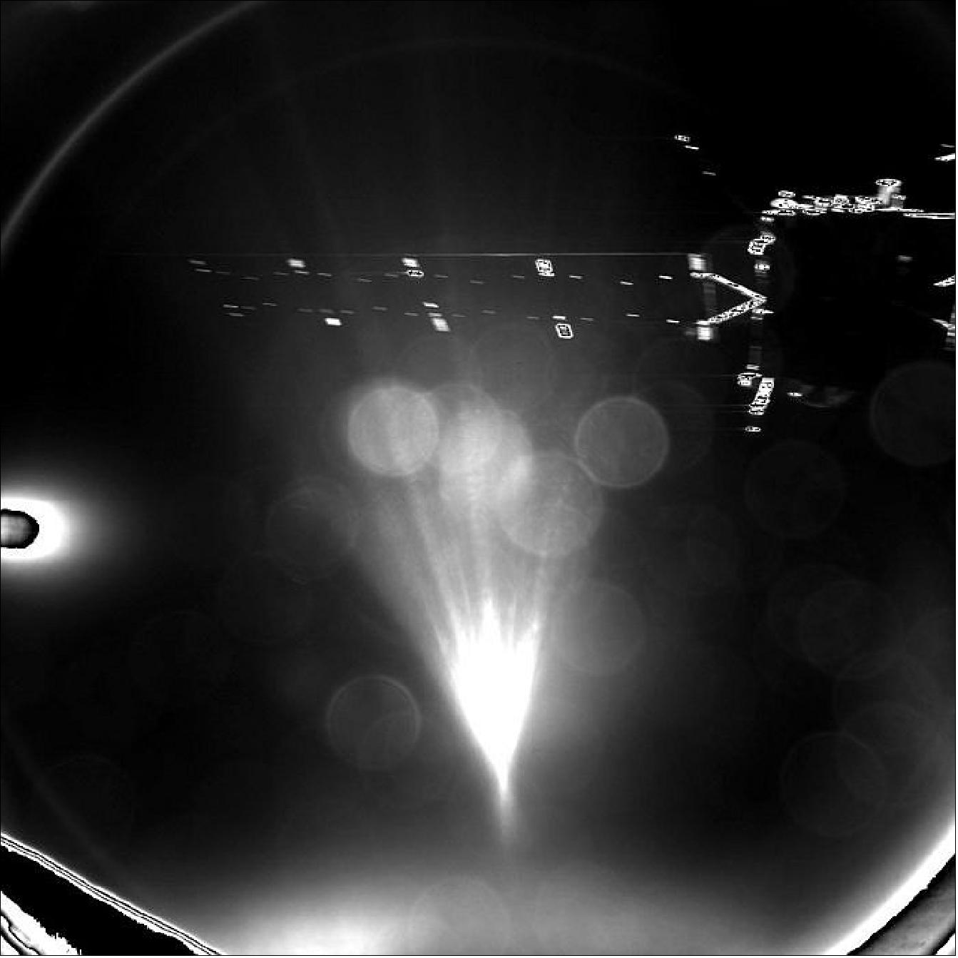 Figure 158: Rosetta’s lander Philae took this parting shot of its mothership shortly after separation. The image was taken with the lander’s CIVA-P imaging system and captures one of Rosetta's 14 m long solar arrays. It was stored onboard the lander until the radio link was established with Rosetta around two hours after separation, and then relayed to Earth (image credit: ESA, Rosetta, Philae, CIVA). 239)